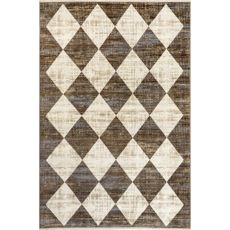 Kimara Checkered Fringe Area Rug, Rectangle 5' x 8', Brown/Beige