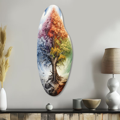 Arbre de vie toutes saisons I - paysage avec arbres incurvés, art mural asymétrique en métal