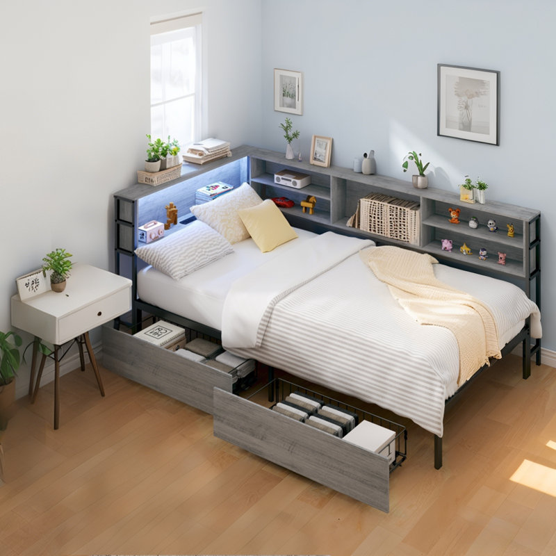 Corner Bed Frame With 2 Underneath Drawers And Storage Bookcase,Daybed With Charging Station And LED Light, Twin, Gray