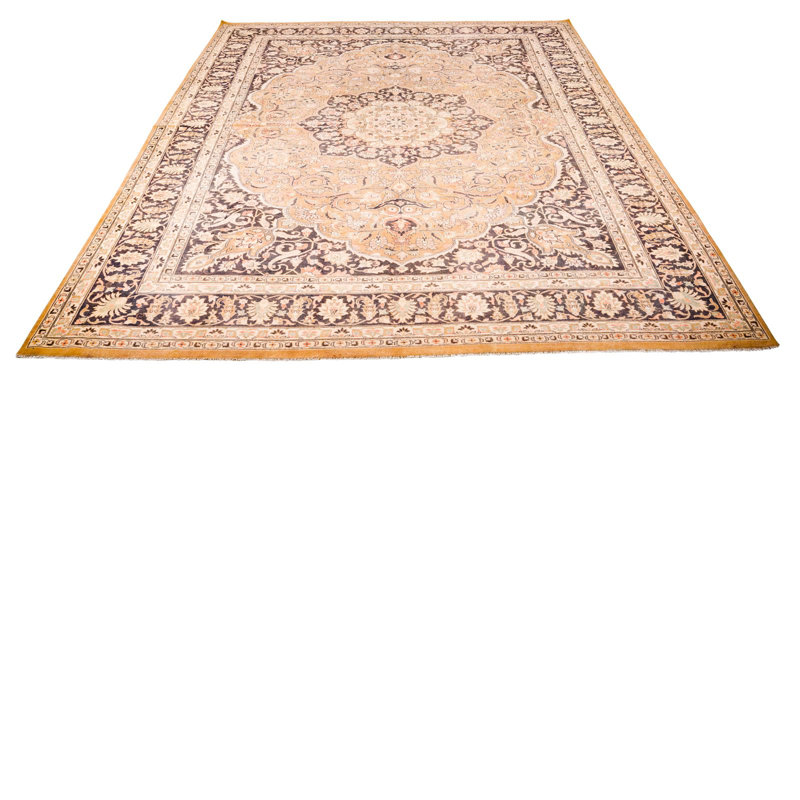 Tapis turc Oushak beige et noir rétro fait à la main 10 x 14