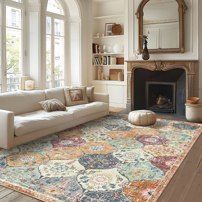 Bohemian Area Rug, Vintage Floral Pattern Soft Fluffy Carpet for Living Room, Bedroom, Dining Room, Washable Durable Boho Home Decor