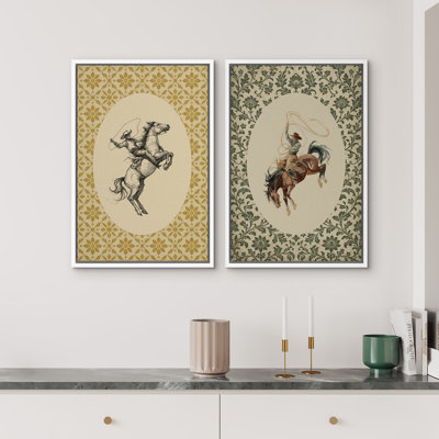 «Western Rodeo Cowboys on Horses», reproduction d'art sur toile encadrée, 2 pièces
