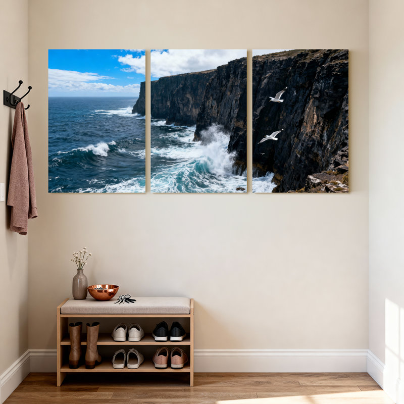 Paysage et paysages urbains, vagues océaniques, falaises, oiseaux, ciel, réflexion, paysage naturel, ensemble de 3 impressions sur toile