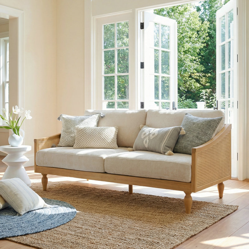 Elara Mid-Century Modern Rubberwood Loveseat Sofa with PE Rattan Armrests, Natural
