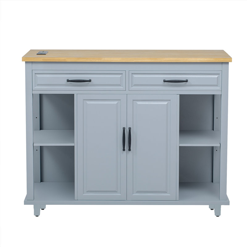 Îlot de cuisine avec table de salle à manger extensible K&K, Bleu gris