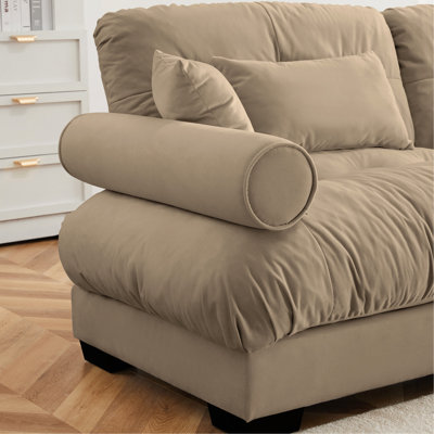 Canapé deux places surdimensionné moderne avec repose-pieds, accoudoirs en velours 2 places avec traversins ronds, avec coussin de taille et coussins décoratifs, salle de lecture, mezzanine et chambre à coucher, chameau