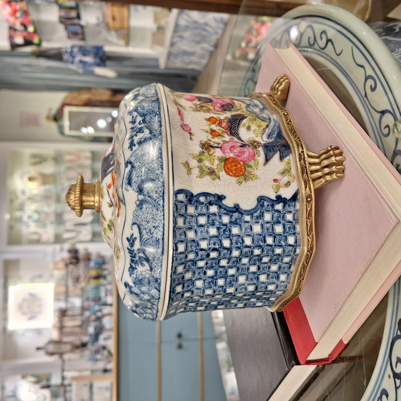 Porcelain Floral Lidded Box with Bronze Feet