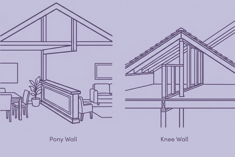 illustration showing a supportive knee wall vs a decorative pony wall