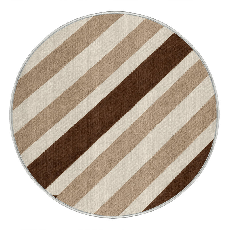 Washable Cognac Light Beige Striped Area Rug, Round 6'