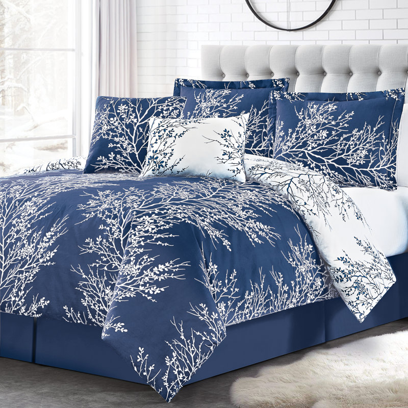 Navy and White Microfiber Reversible Queen Comforter Set