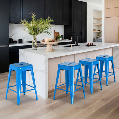 Metal Bar Stools Set of 4, Counter Height Bar Stools 24 Inches Industrial Bar Chairs Patio Stool Indoor-Outdoor Counter Height Stools with Square Seat
