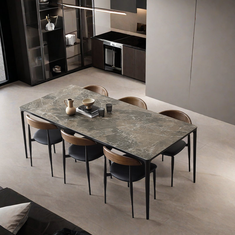 Minimalist Aluminum Rock Plate Dining Table Chair 6 - Person Four Leg Dining Set, 29.1"H x 55.1"L x 31.4"W