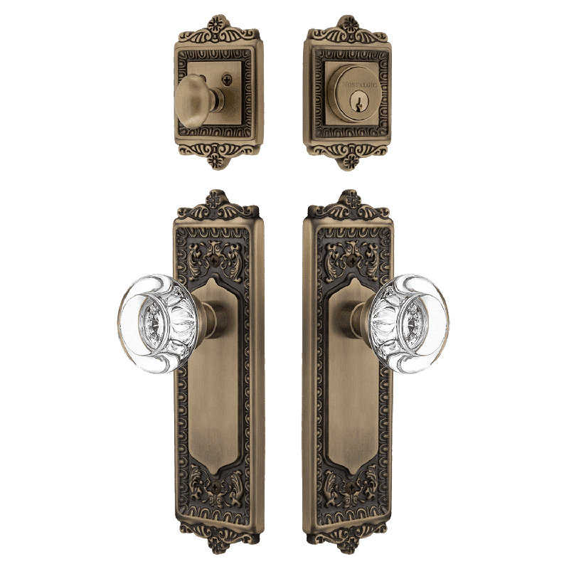 Nostalgic Warehouse Egg & Dart Entry Set with Round Clear Crystal Knob, 2.75, Antique Brass