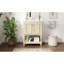 Meuble-lavabo de 61 cm (24 po) avec bac antidéversement, meuble de rangement fermé, pieds de meuble ornés, lavabo en céramique et tablette ouverte.