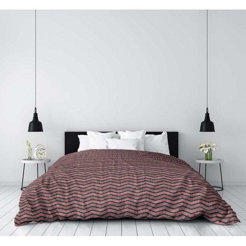 Housse de couette simple Rhonda Cheval Wavy Chevrons, Housse de couette pour lit simple, Noir / rouge, Microfibre