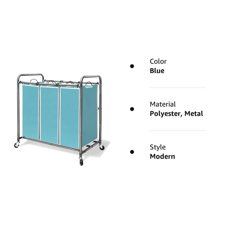 Blue Polyester Canvas Laundry Sorter with Metal Frame and Wheels