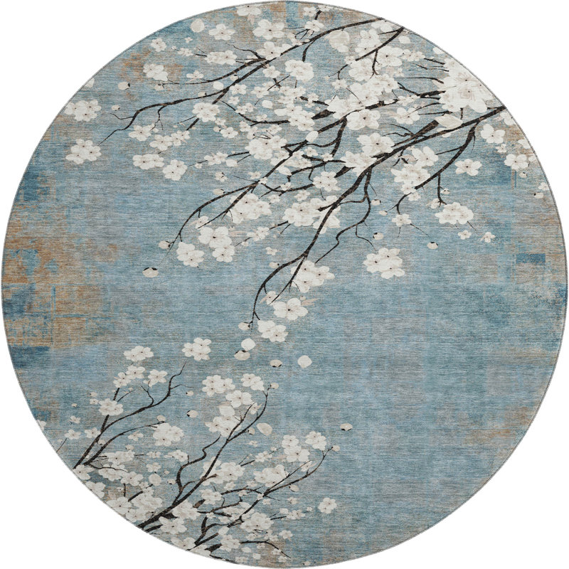 Premium Machine Washable Mayfield AMF2248 Floral Rug, Denim, 8' Round