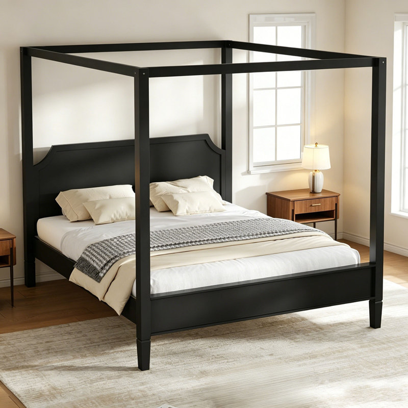 Lit plateforme à baldaquin en bois avec tête de lit et pieds de support, Noir, Très grand lit