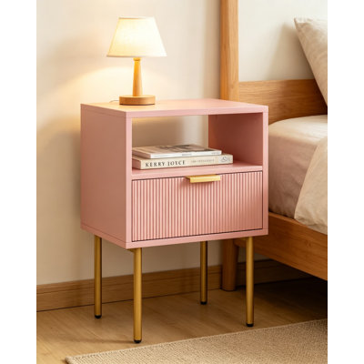 Nightstand with Gold Frame, Modern Bedside Table with Drawer and Shelf, Small End Table for Bedroom Living Room, Pink Stripe Design