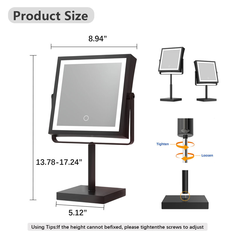 Miroir de maquillage avec lumière, loupe rechargeable 4000Mah avec lumière, 1 x / 10 x, 3 couleurs, luminosité réglable, miroir de coiffeuse à hauteur réglable