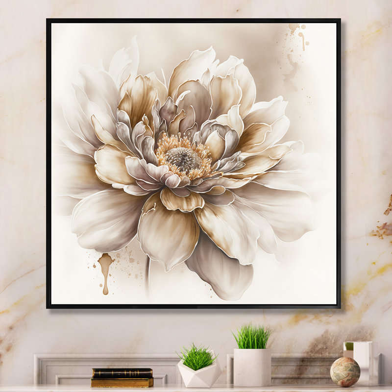 Motif floral beige fleuri V - Toile murale florale, 44" H x 44" W, Cadre flottant noir