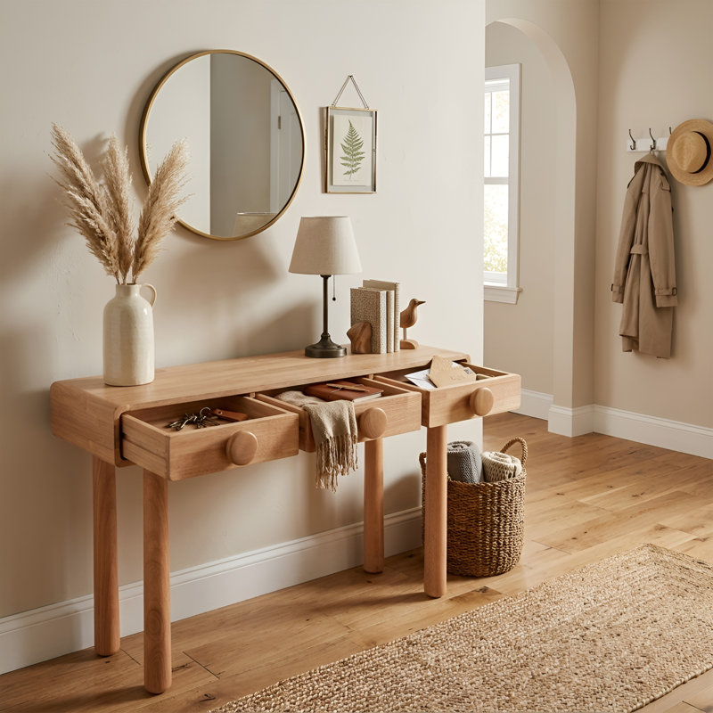 Mid Century Console Table With Solid Wood Legs, Natural