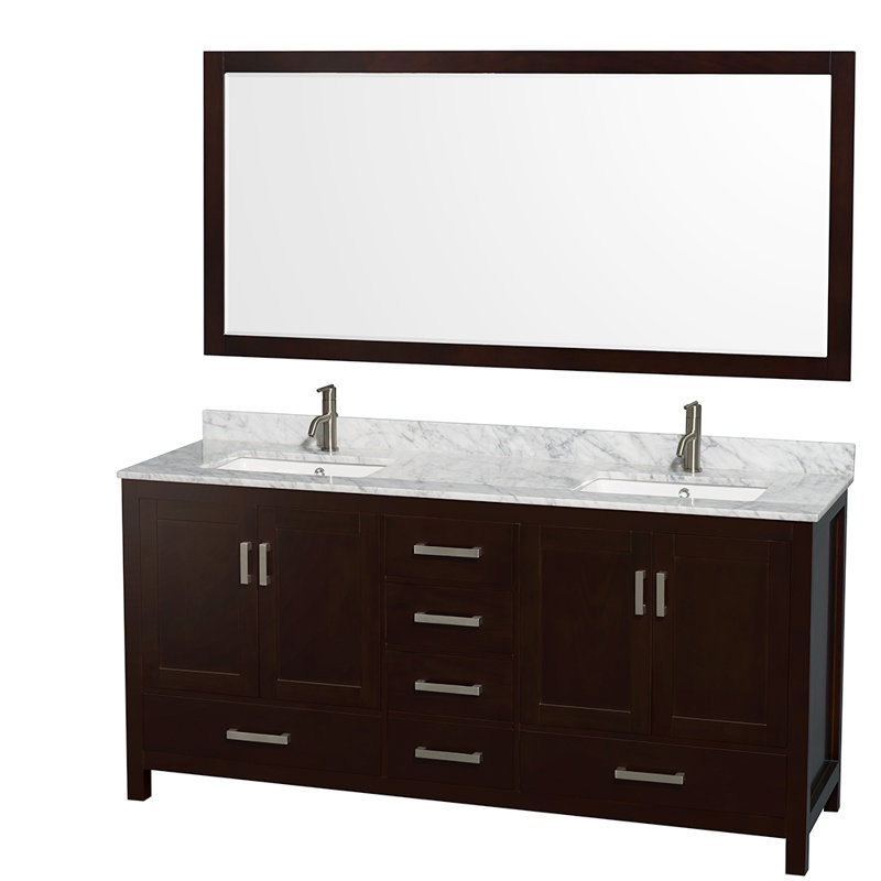 Sheffield 72" Freestanding Double Bathroom Vanity with Marble Top with 70" Mirror, Espresso, Single, White Carrara Marble