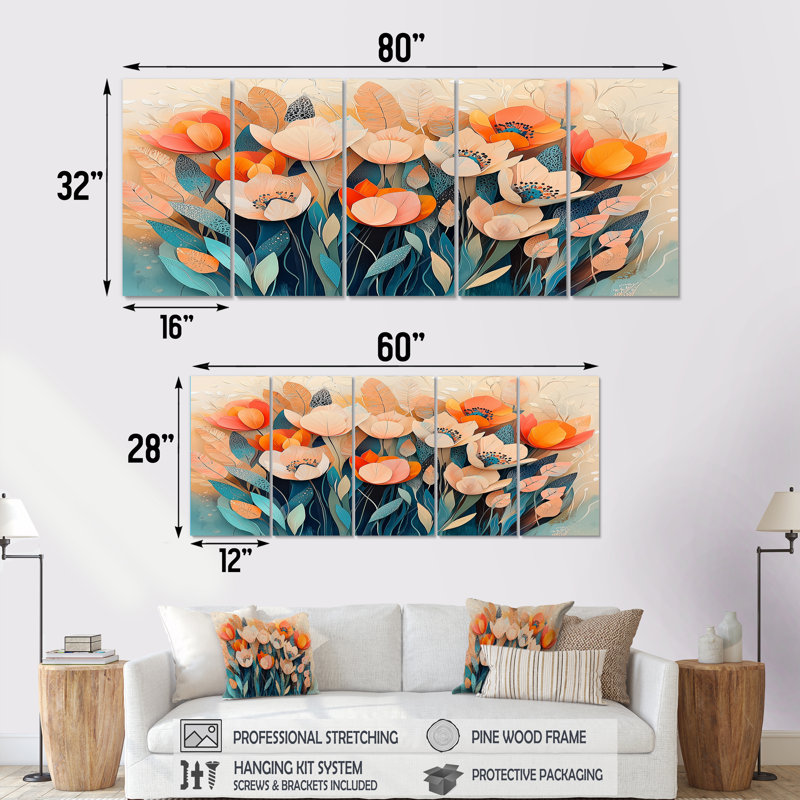 «Pastel colours of Tulips Dream Fragments I» - art mural botanique - décoration murale moderne 5 pièces, H 28 po x l 60 po
