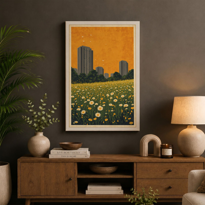 Flowers and Towers Retro - Wrapped Canvas, 36x24 - 91.4 x 61.0 cm, Sage Border
