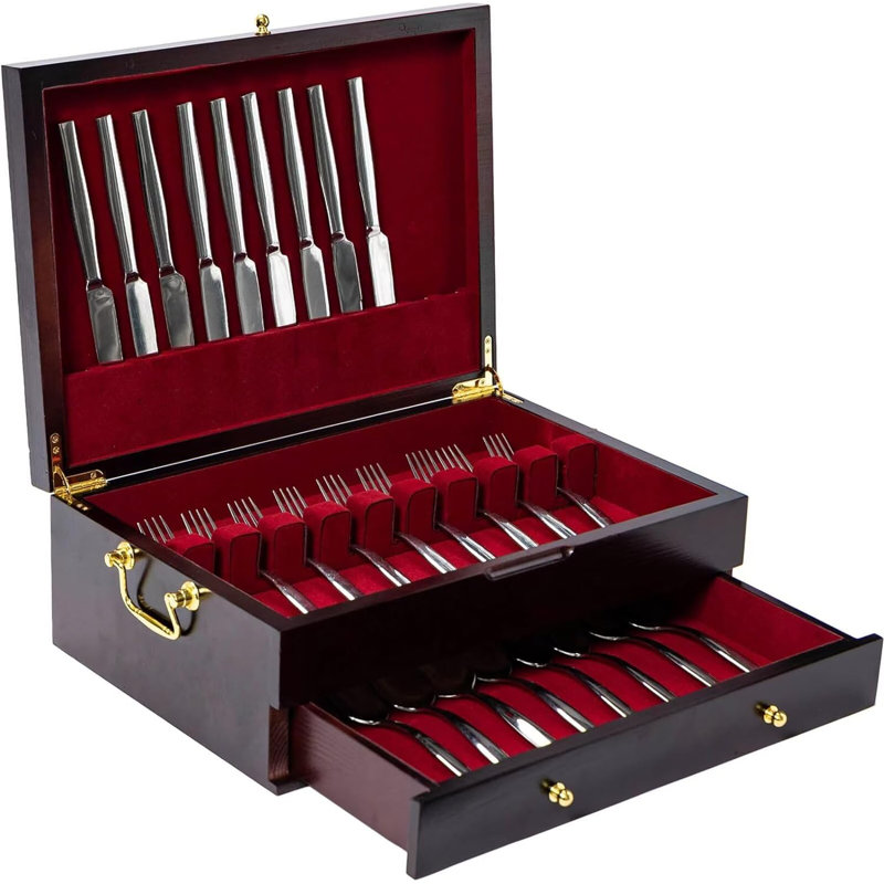 **Elegant Wooden Silverware Storage Box with Handle | Felt-Lined Flatware Chest for 12+ Utensil Sets**