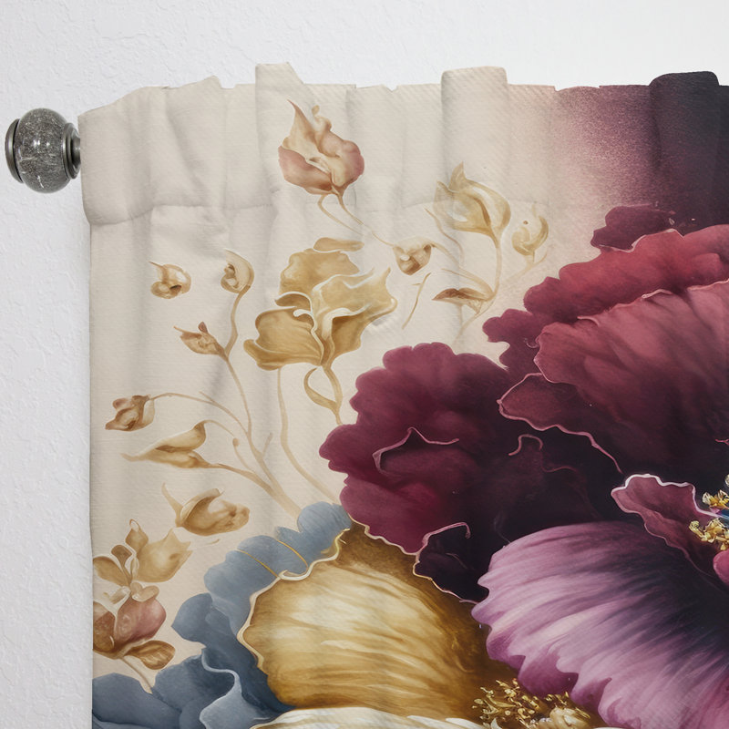 Rideau floral en velours bourgogne et bleu I - 1 panneau, L 52 po x L 84 po