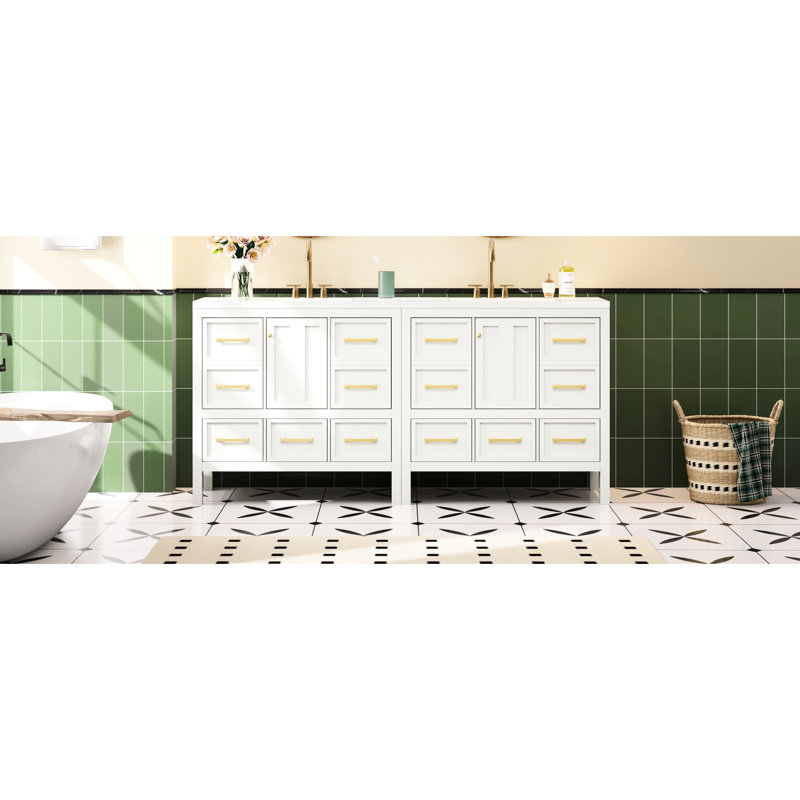 Meuble-lavabo 72 po en bois massif et en résine 36 po, rangement spacieux, portes à fermeture douce, meuble-lavabo blanc avec assemblage facile à fermer