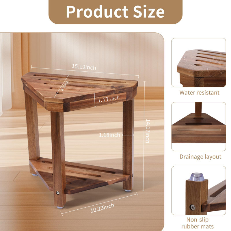Shower Foot Rest 14In, Acacia Wood Shower Stool For Shaving Legs, Waterproof Corner Shower Stool With Storage Shelf For Inside Small Shower Spaces