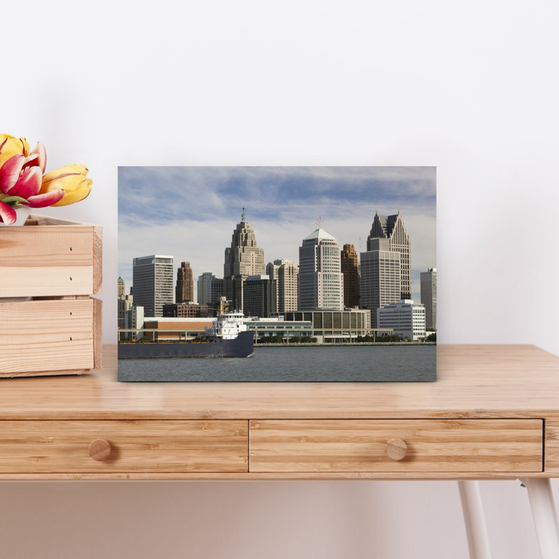 USA Michigan Wayne County Detroit along Detroit River from Windsor Ontario Canada 1 Piece Wrapped Canvas Wall Art