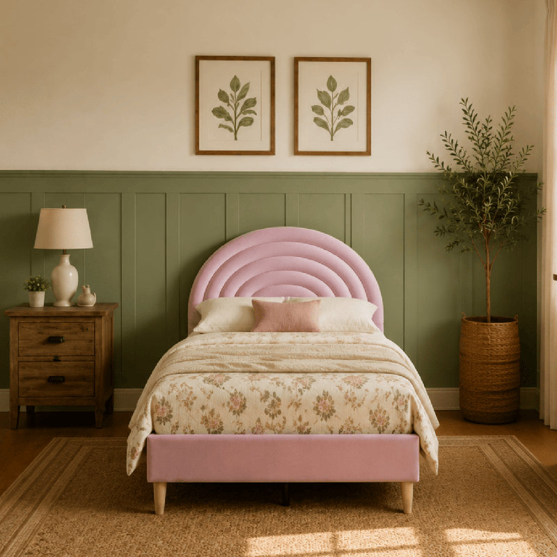 Halis Upholstered Scalloped Bed, Pink Velvet, Twin
