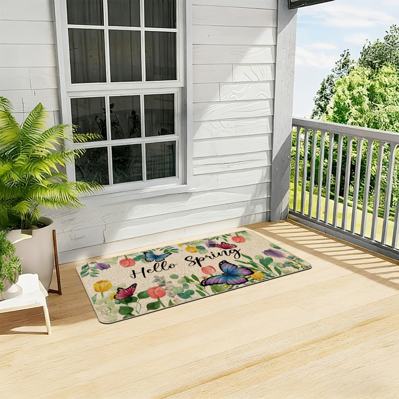 Tapis de porte « Bonjour Printemps » à motifs de papillons et de tulipes, décoratif pour l'extérieur, antidérapant, avec dos en caoutchouc. Parfait pour l'entrée, l'intérieur et la cuisine. 43 x 74 cm (17 x 29 pouces).