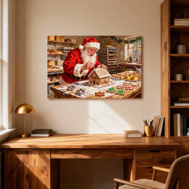 Noël, père Noël, fabrication de pain d'épices dans une boulangerie, H 16 po x l 24 po