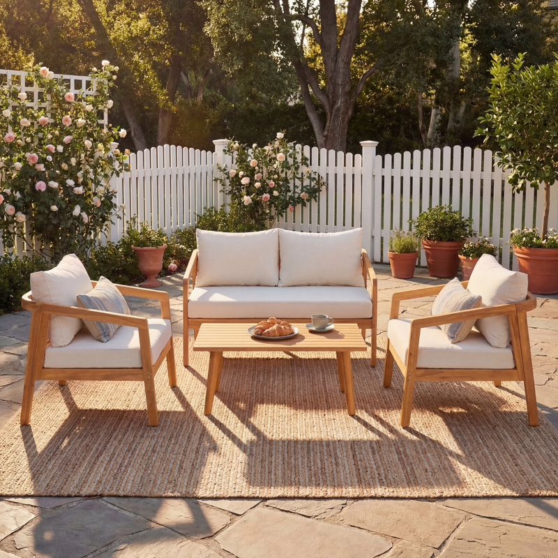 Ensemble de conversation en bois d'acacia pour 4 personnes avec coussins hydrofuges Airwyn, 4 Pcs: Table, 2 Chairs,Loveseat