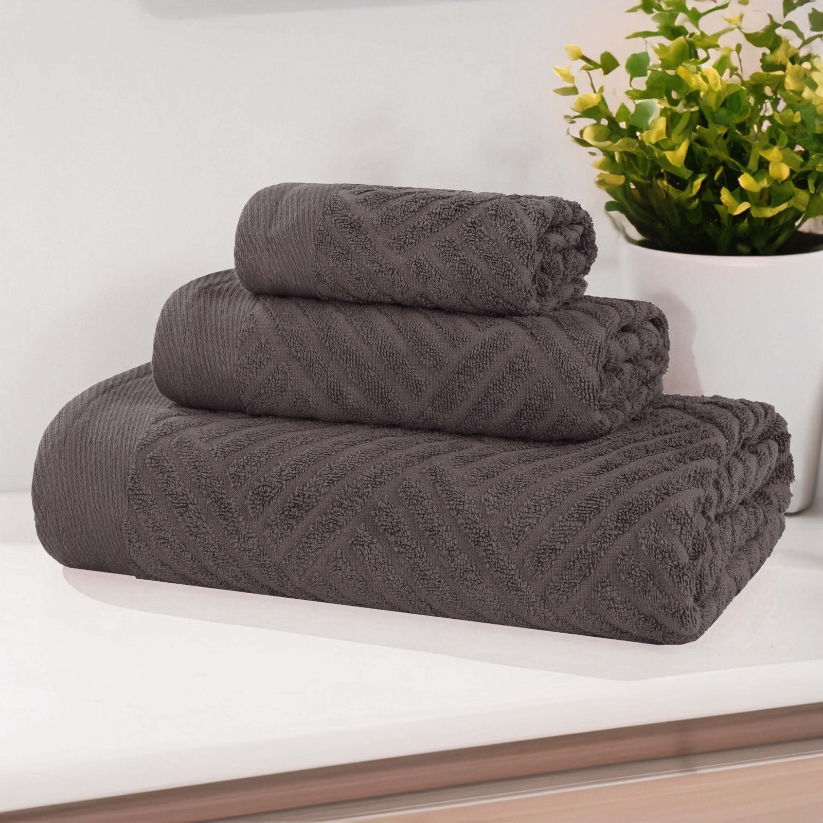 Ocilla Certified Egyptian Cotton Medium Weight Textured Soft Absorbent Jacquard 3 Piece Towel Set, Grey