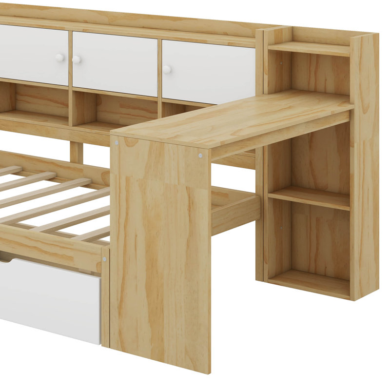 Wooden L-Shape Daybed With Seven Storage Cabinets And Two Storage Drawers, Multi-Functional Bed With Study Desk And Built-In Bookshelf