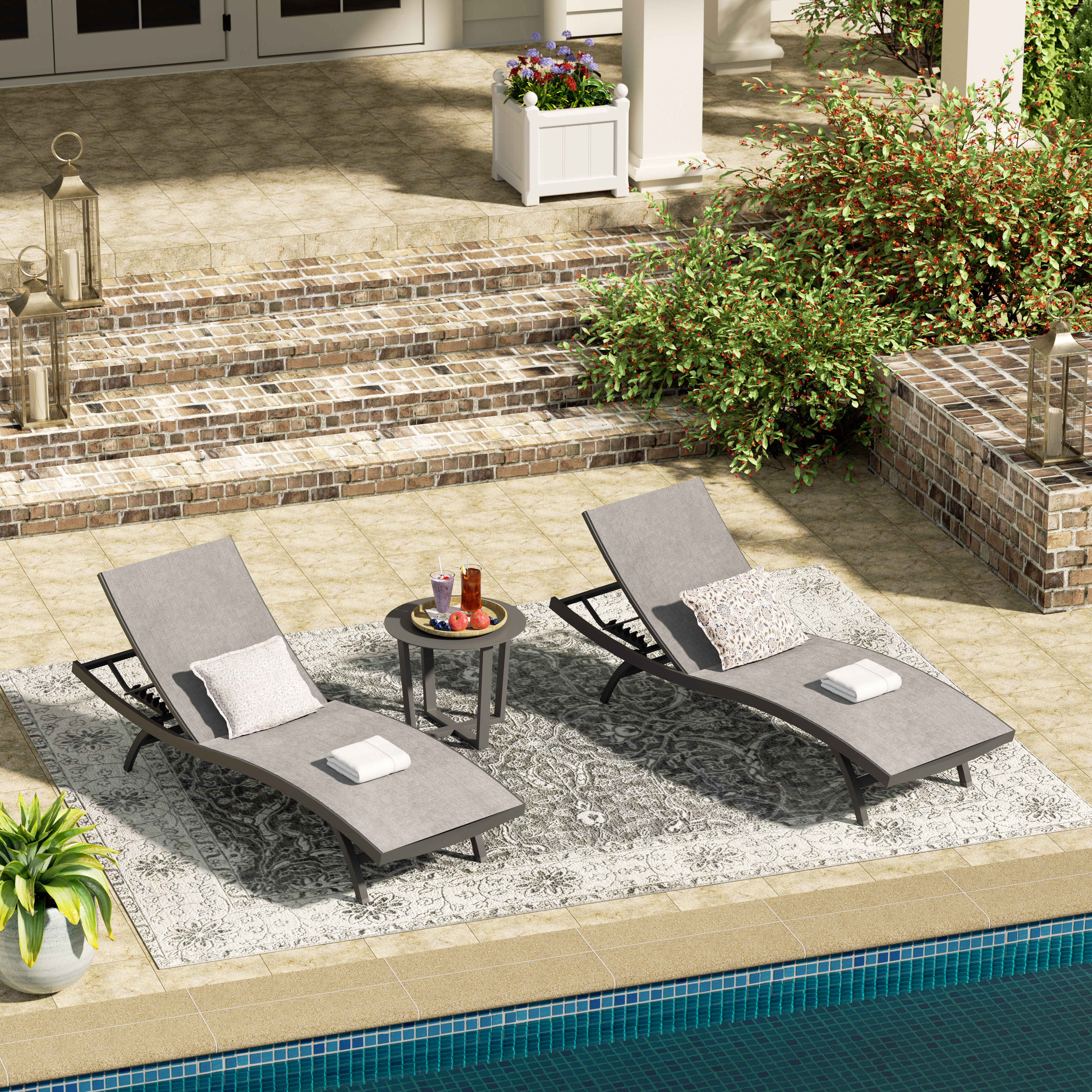 Chambray Patio Aluminum Chaise Lounge Chairs With Phifertex Sling Fabric And Side Table
