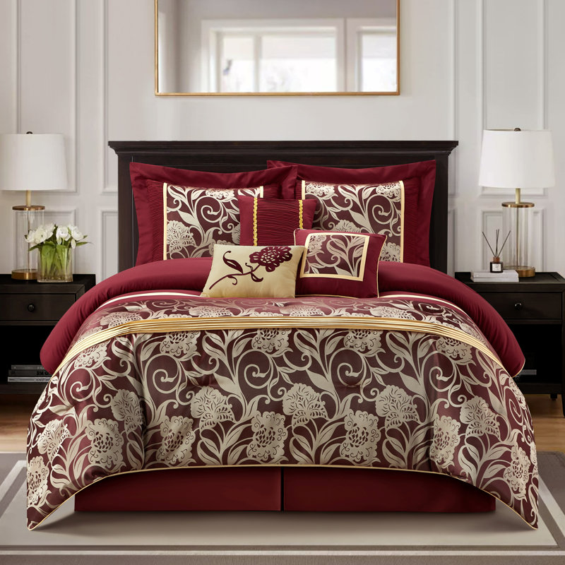 Ensemble d'édredon en microfibre de 7 pièces Fennville, Édredon de très grande taille et 6 pièces suppl, Rouge / doré