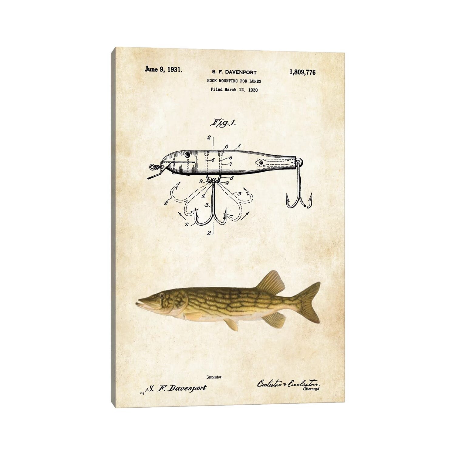 East Urban Home Northern Pike Fishing Lure On Canvas by Patent77 Print