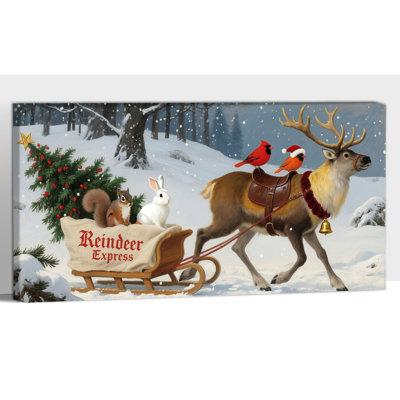Grande abhinaya décor renne express hiver neige scène impressions sur toile, cardinal lapin écureuil arbre de Noël, peinture d'art pour les vacances rétro maison de ferme décor prêt à accrocher, 30 x 60 pouces