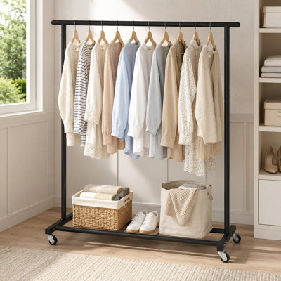 Black Adjustable Rolling Garment Organizer with Casters, Space-Saving Design for Home Office or Retail Use