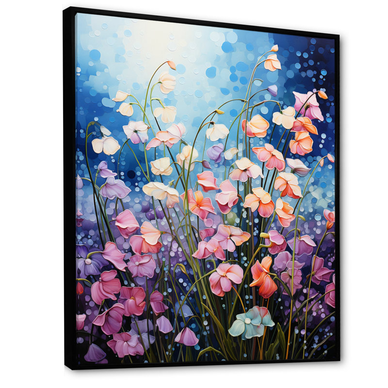 «Blue Pink Orchids Field Pointillism Dot», reproduction sur toile, Cadre flottant noir, H 32 po x l 16 po x P 1 po
