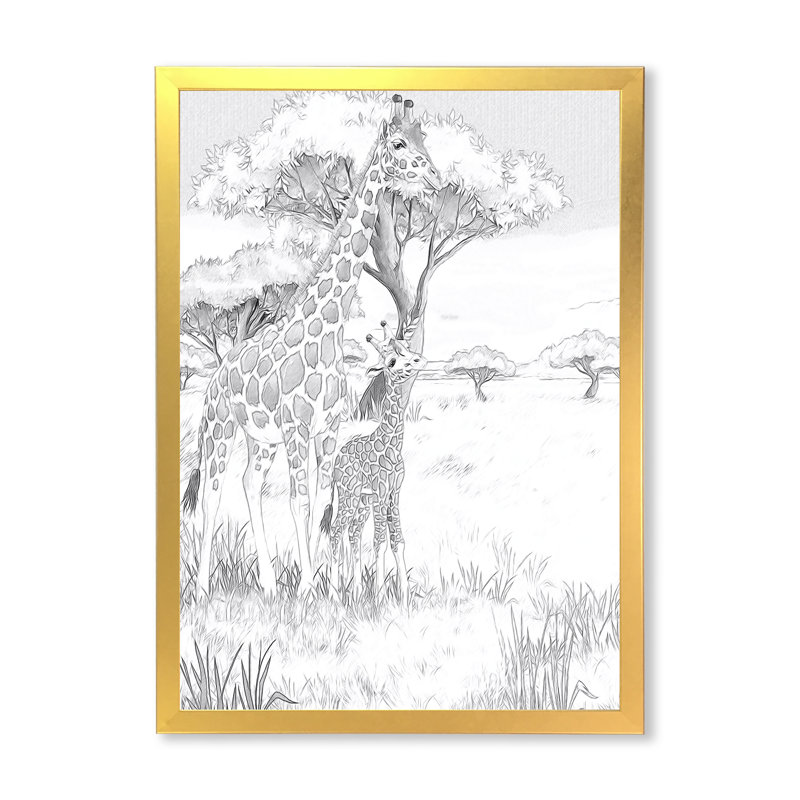 Girafes noires et blanches en safari I - reproduction sur toile, H 44 po x l 34 po, Cadre photo doré