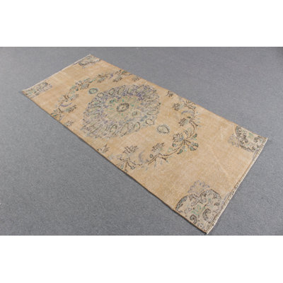 Beige Turkish Vintage Accent Rug Featuring Geometric Patterns Ideal for Kitchen