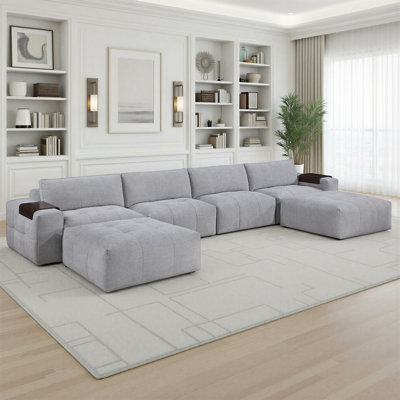 Rousey 198" Modern & Contemporary 6-Piece Modular Sectional with Two Ottomans, Textured Fabric Upholstery, Tufting Details & Wooden Armrest Trays