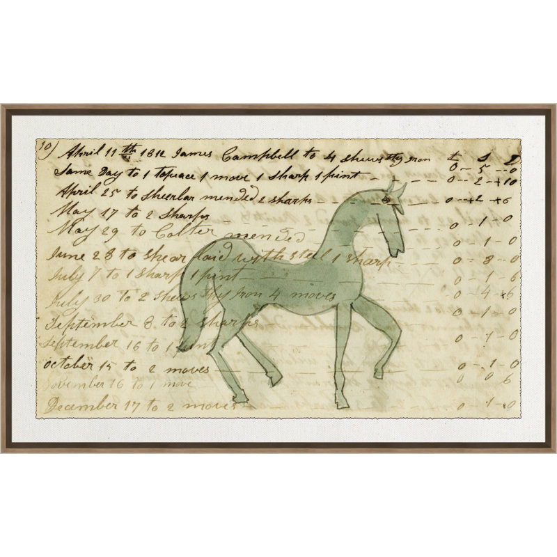 Green Horse - Mennonite Ledger Drawing Giclee Print, 37" H x 59" W x 1.25" D, No Mat, Brown/Black